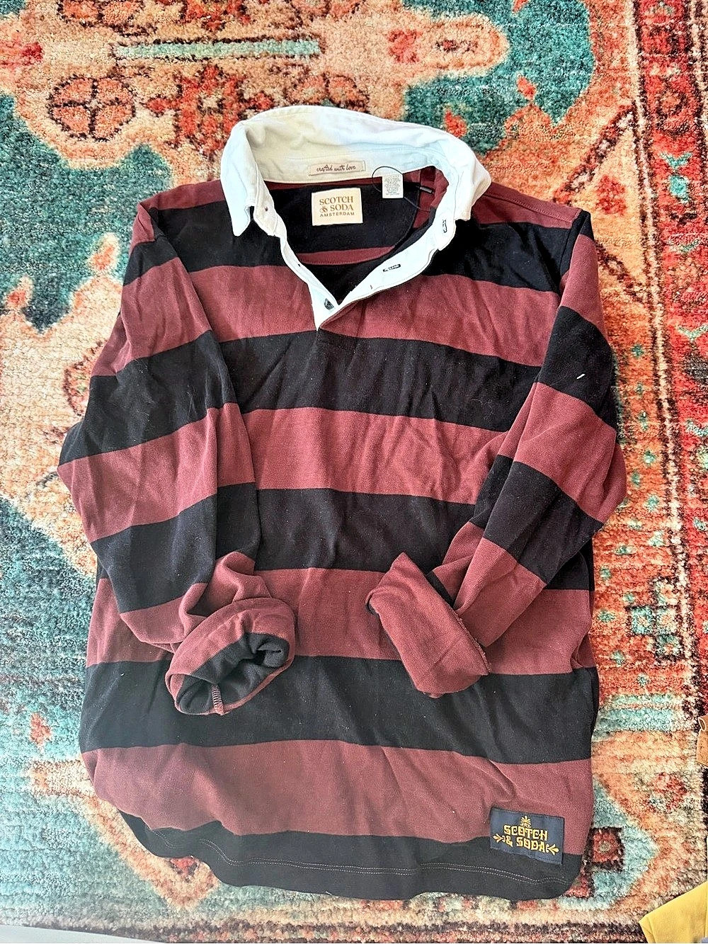 Scotch & Soda Men's Striped Polo Shirt Burgundy & Black Size Medium